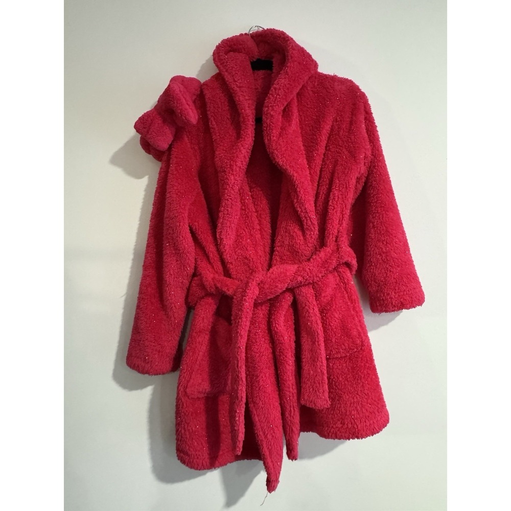 Colsie Womens Faux Fur Cozy Hooded Robe &‎ Headband Pink Metallic Glitter XS S